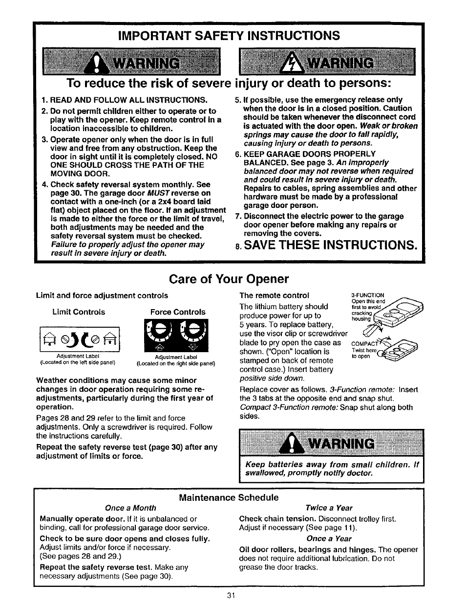 Important safety instructions, Save these instructions, Care of your opener | Maintenance schedule, Operation safety instructions, Save these instructions. care of your opener, Warning | Craftsman 139.53975SRT User Manual | Page 31 / 40