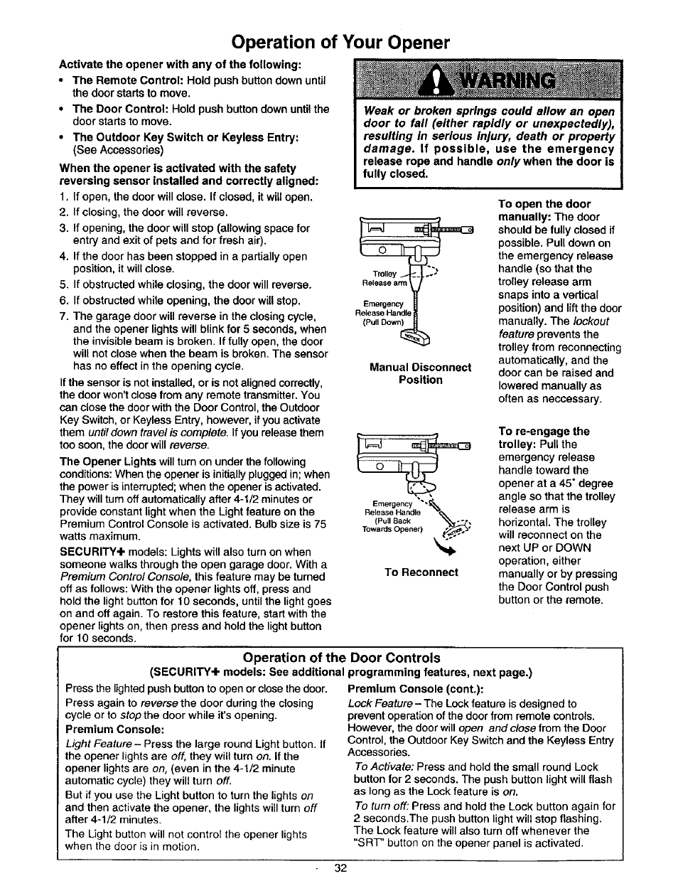 Operation of your opener, Operation of the, Door controls | Craftsman 139.53975SRT User Manual | Page 32 / 40