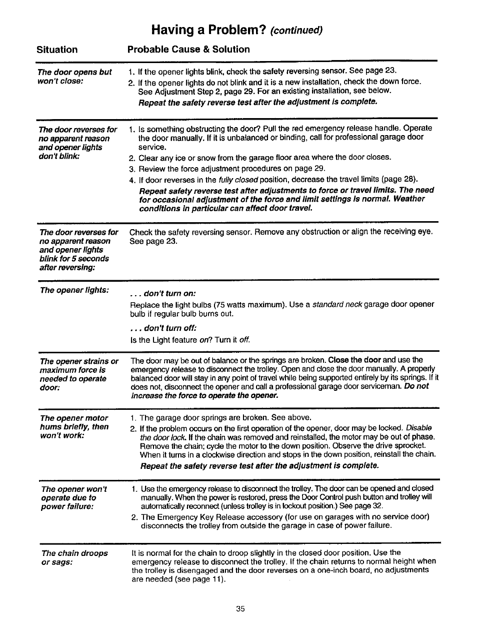 Having a problem? (continued), Having a problem, Continued) situation probable cause | Solution | Craftsman 139.53975SRT User Manual | Page 35 / 40