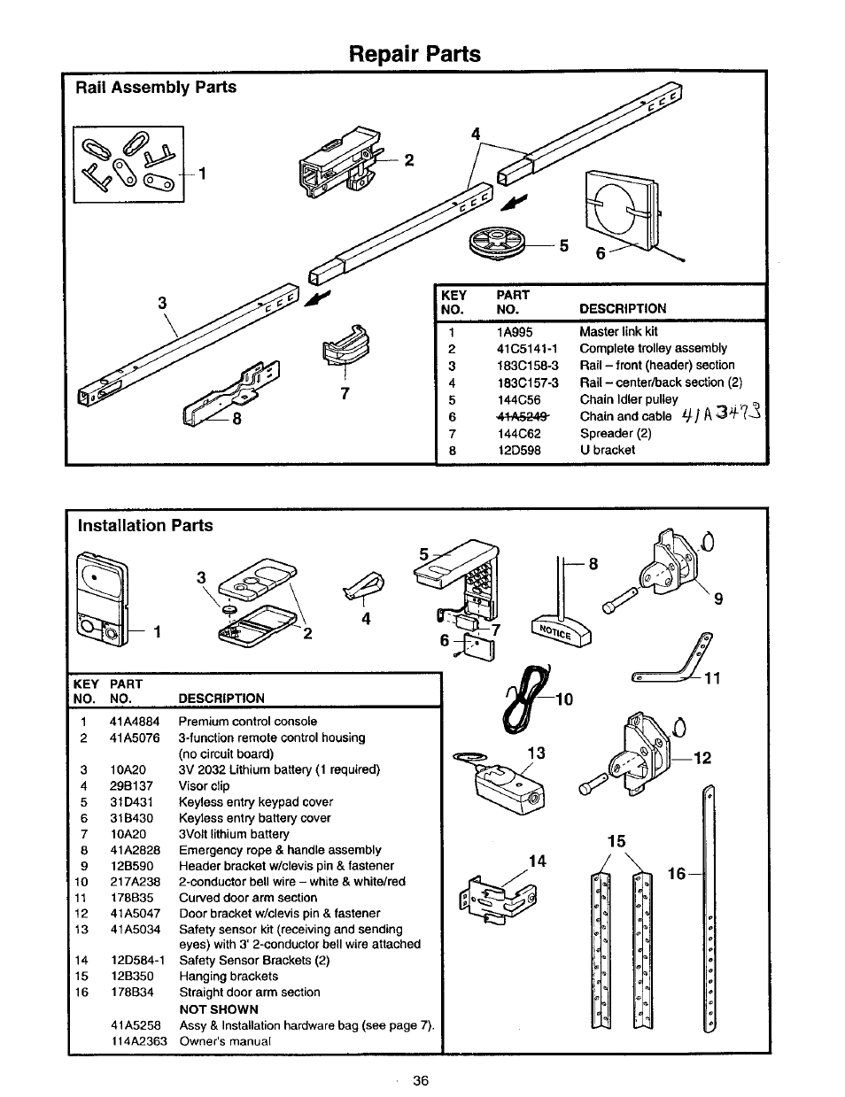 Repair parts, Rail assembly parts, Installation parts | Craftsman 139.53975SRT User Manual | Page 36 / 40