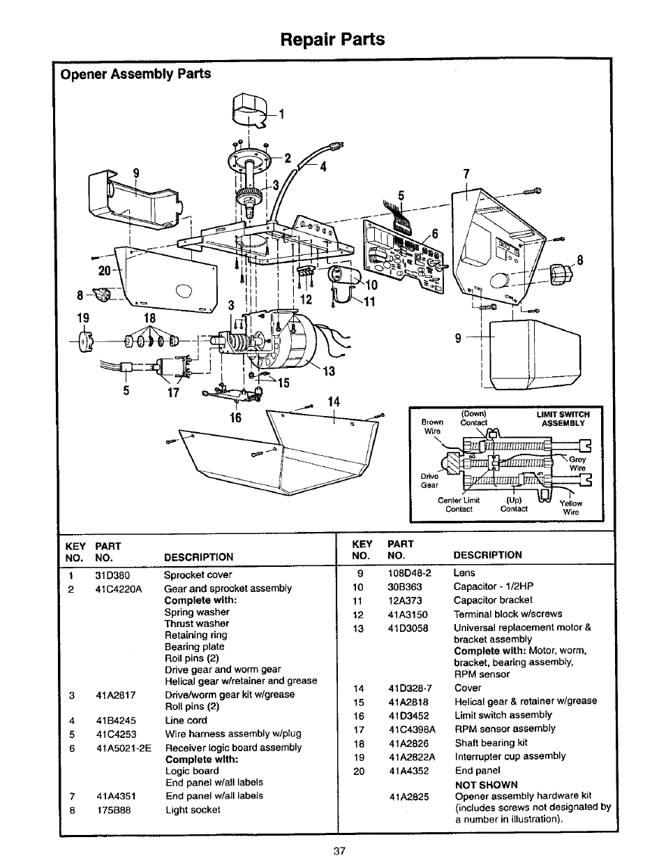 Repair parts, Opener assembly parts | Craftsman 139.53975SRT User Manual | Page 37 / 40