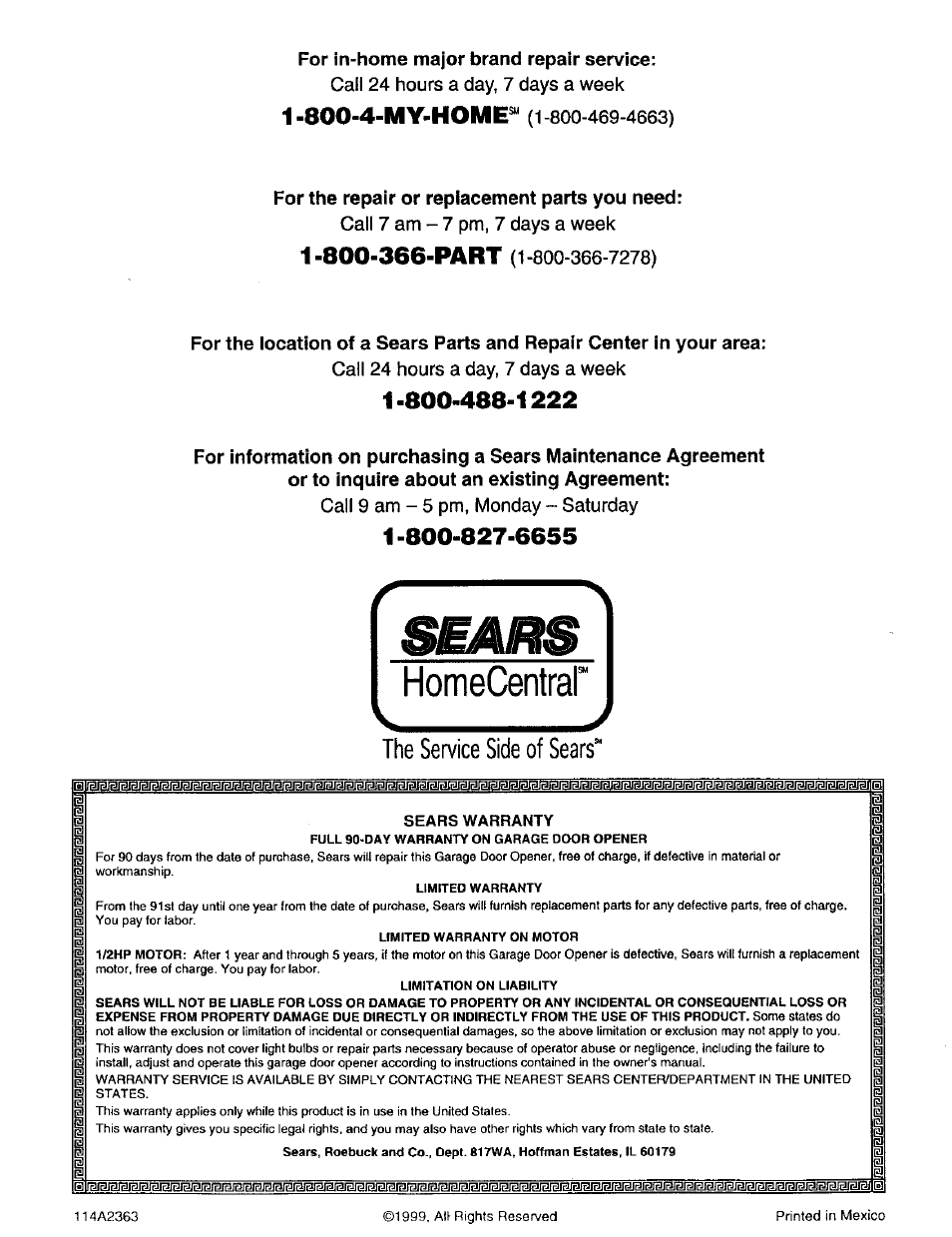 For in-home major brand repair service, For the repair or replacement parts you need, Homecentrar | Ii i i, The service side of sears | Craftsman 139.53975SRT User Manual | Page 40 / 40