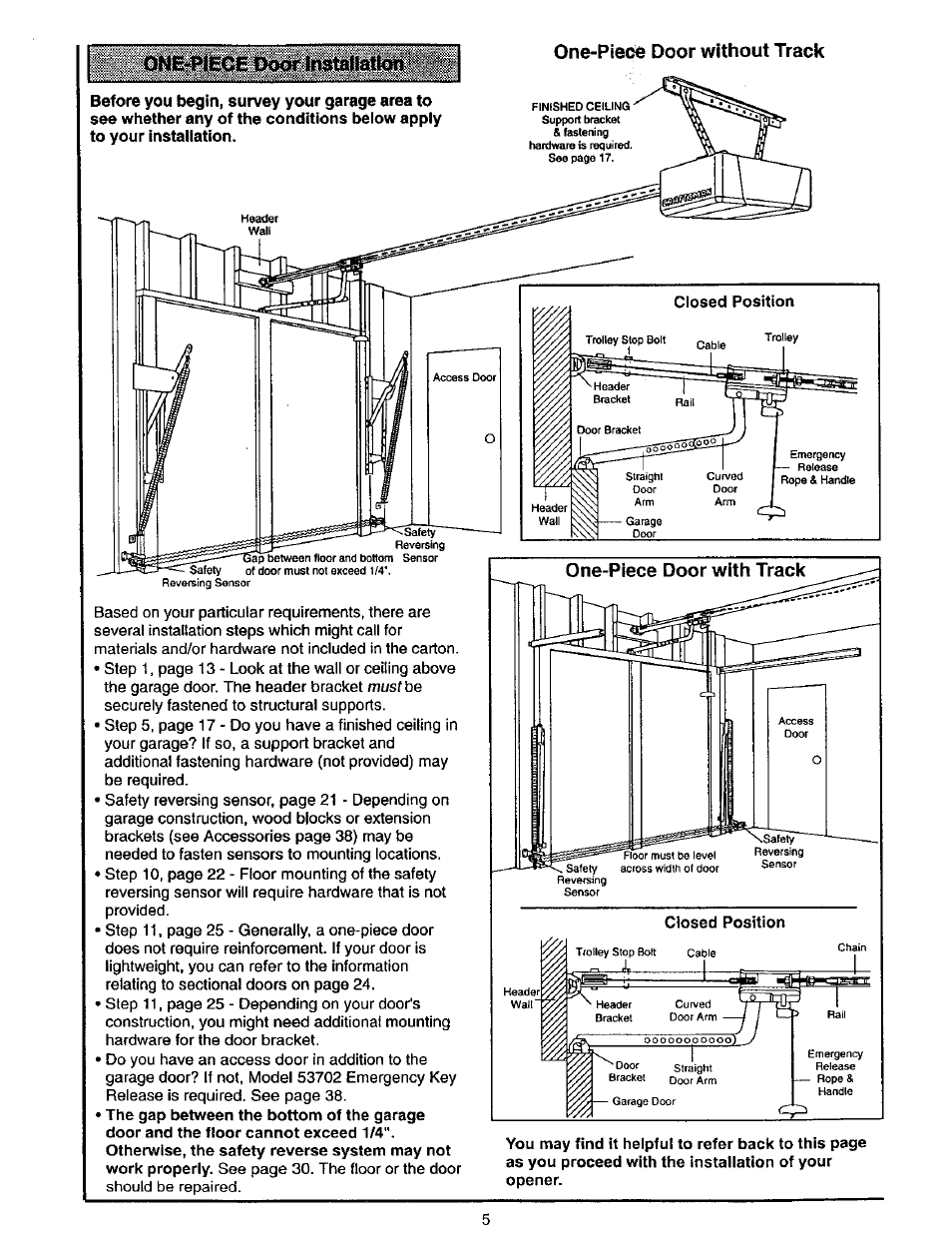 0ne4^ece ooor installation, One-pieos door without track, One-piece door with track | Closed position | Craftsman 139.53975SRT User Manual | Page 5 / 40