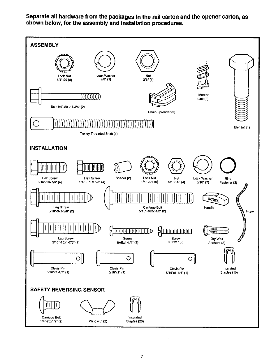 Assembly, Installation, Safety reversing sensor | Craftsman 139.53975SRT User Manual | Page 7 / 40