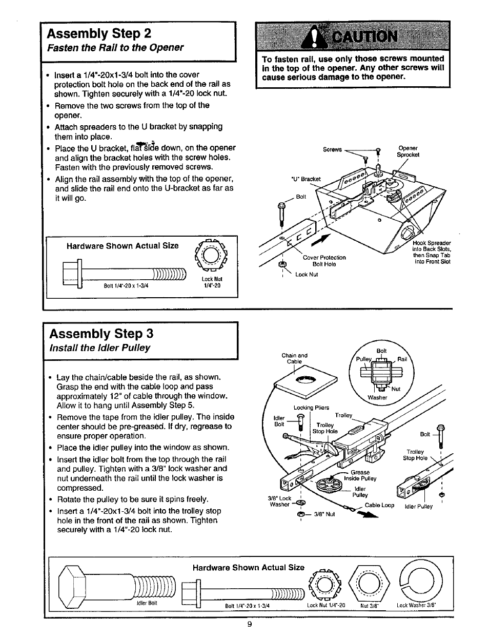 Assembly step 2, Assembly step 3, Fasten the rail to the opener | Install the idler pulley | Craftsman 139.53975SRT User Manual | Page 9 / 40