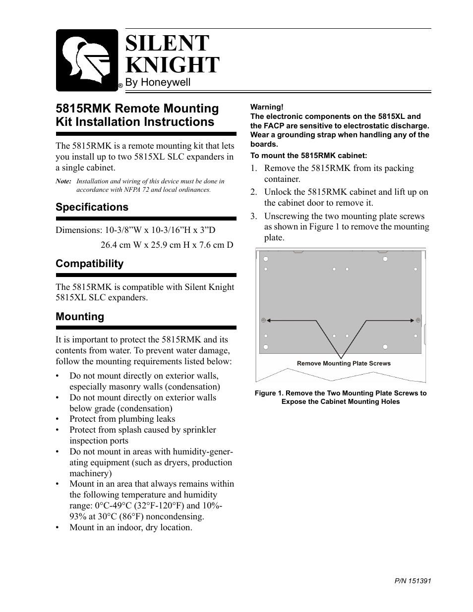 SilentKnight 5815XL Remote Mounting Kit User Manual | 2 pages