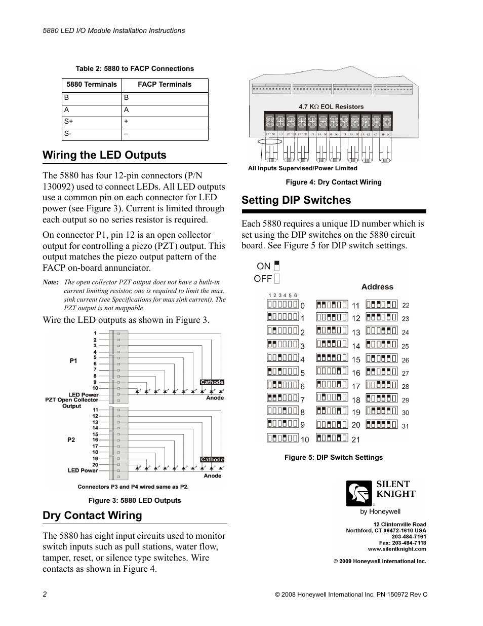Wiring the led outputs, Dry contact wiring, Setting dip switches | SilentKnight 5880 LED Driver Module User Manual | Page 2 / 2