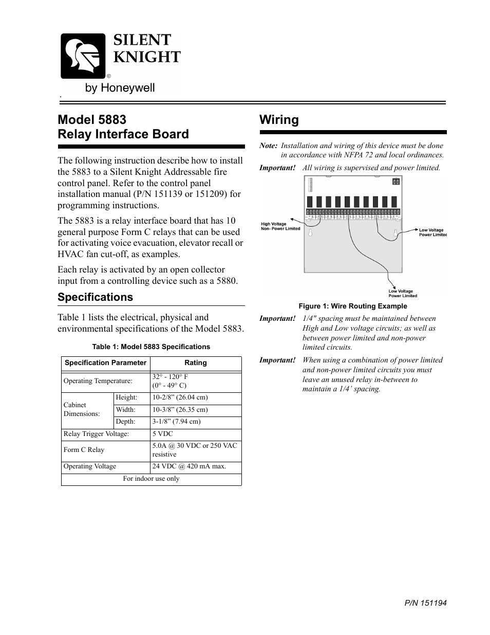 SilentKnight 5883 Relay Interface Board User Manual | 4 pages