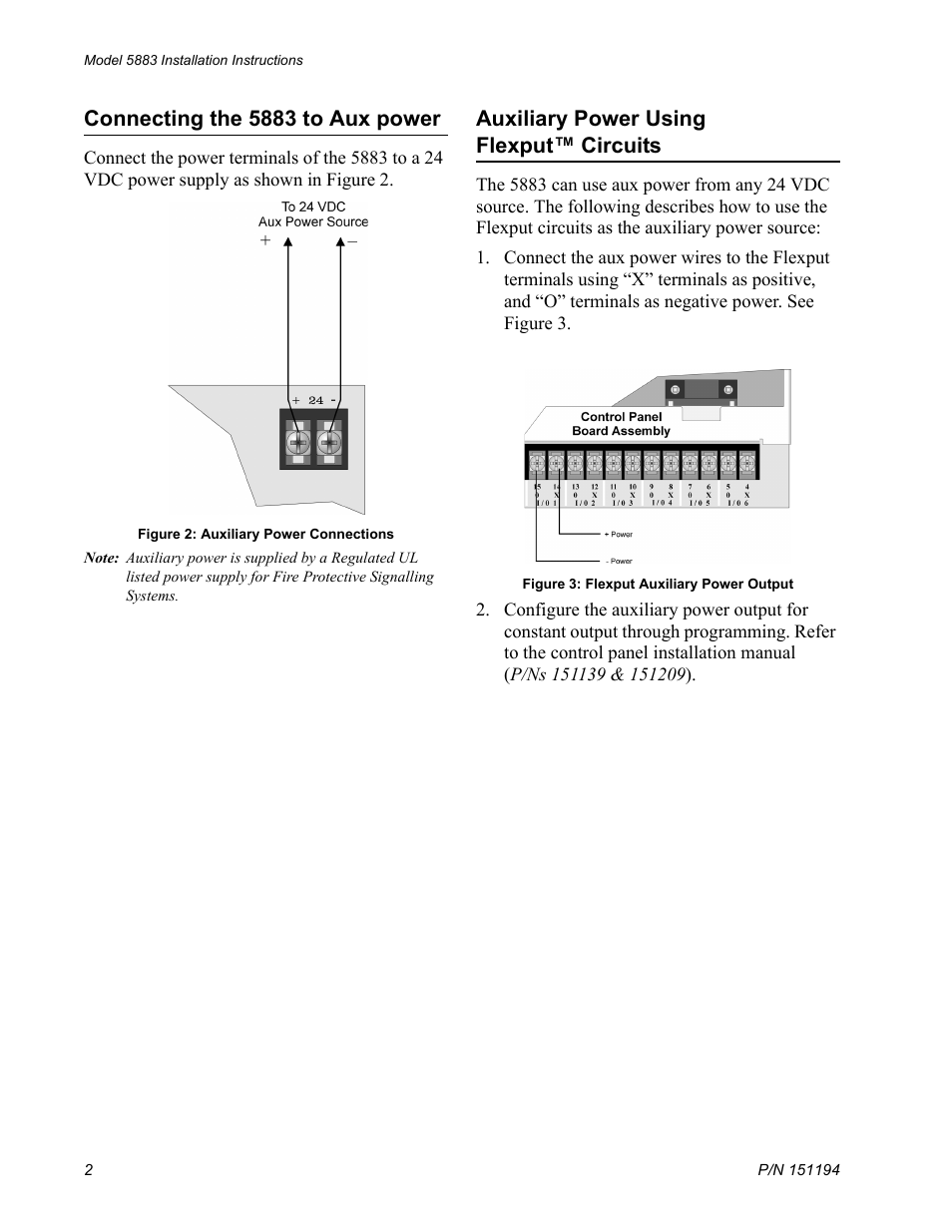 Connecting the 5883 to aux power, Figure 2 : auxiliary power connections, Auxiliary power using flexput™ circuits | Figure 3 : flexput auxiliary power output | SilentKnight 5883 Relay Interface Board User Manual | Page 2 / 4