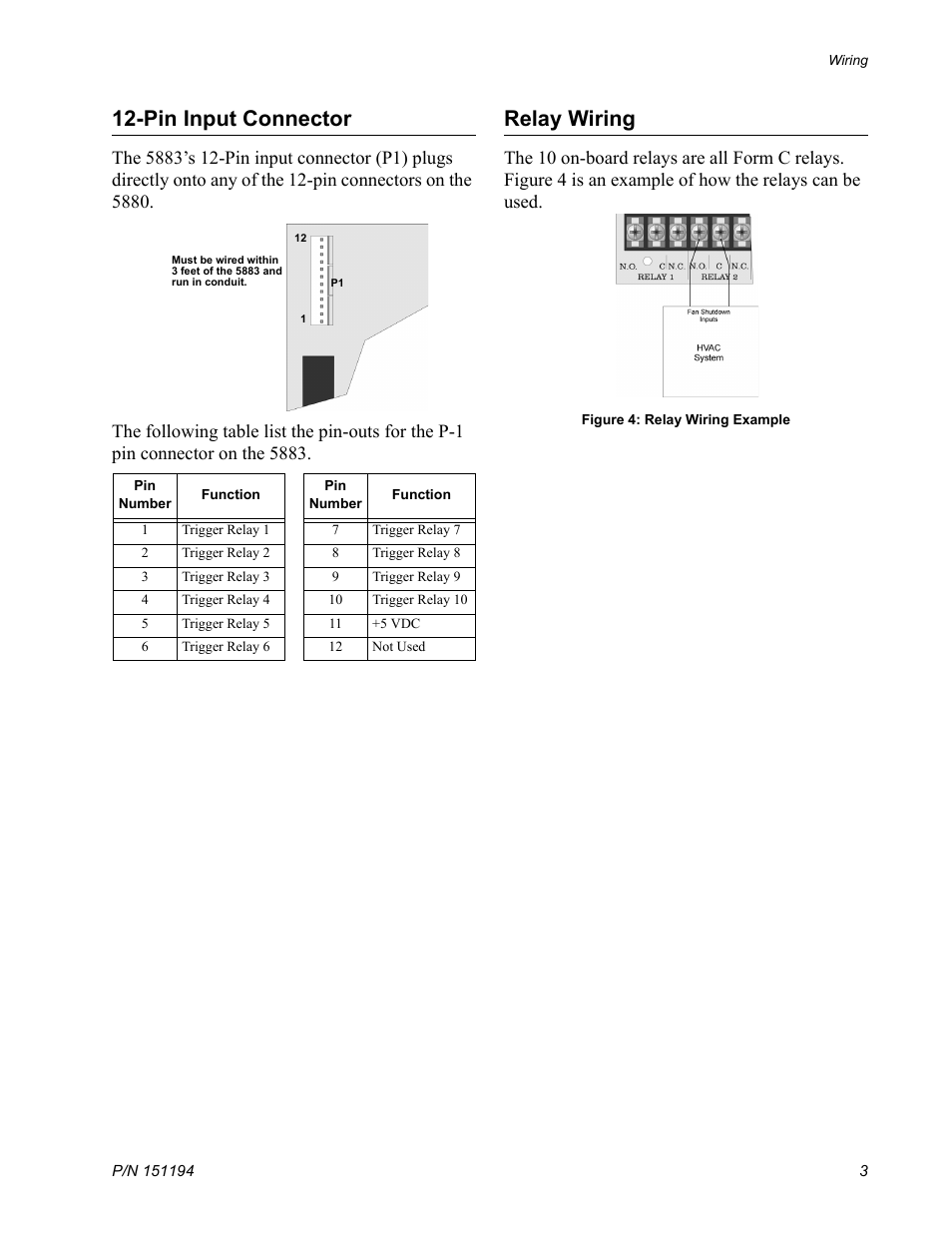 Pin input connector, Relay wiring, Figure 4 : relay wiring example | SilentKnight 5883 Relay Interface Board User Manual | Page 3 / 4