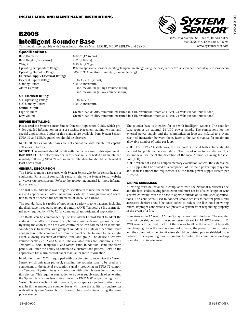 SilentKnight B200S Intelligent Sounder Base with CO Support User Manual | 4 pages