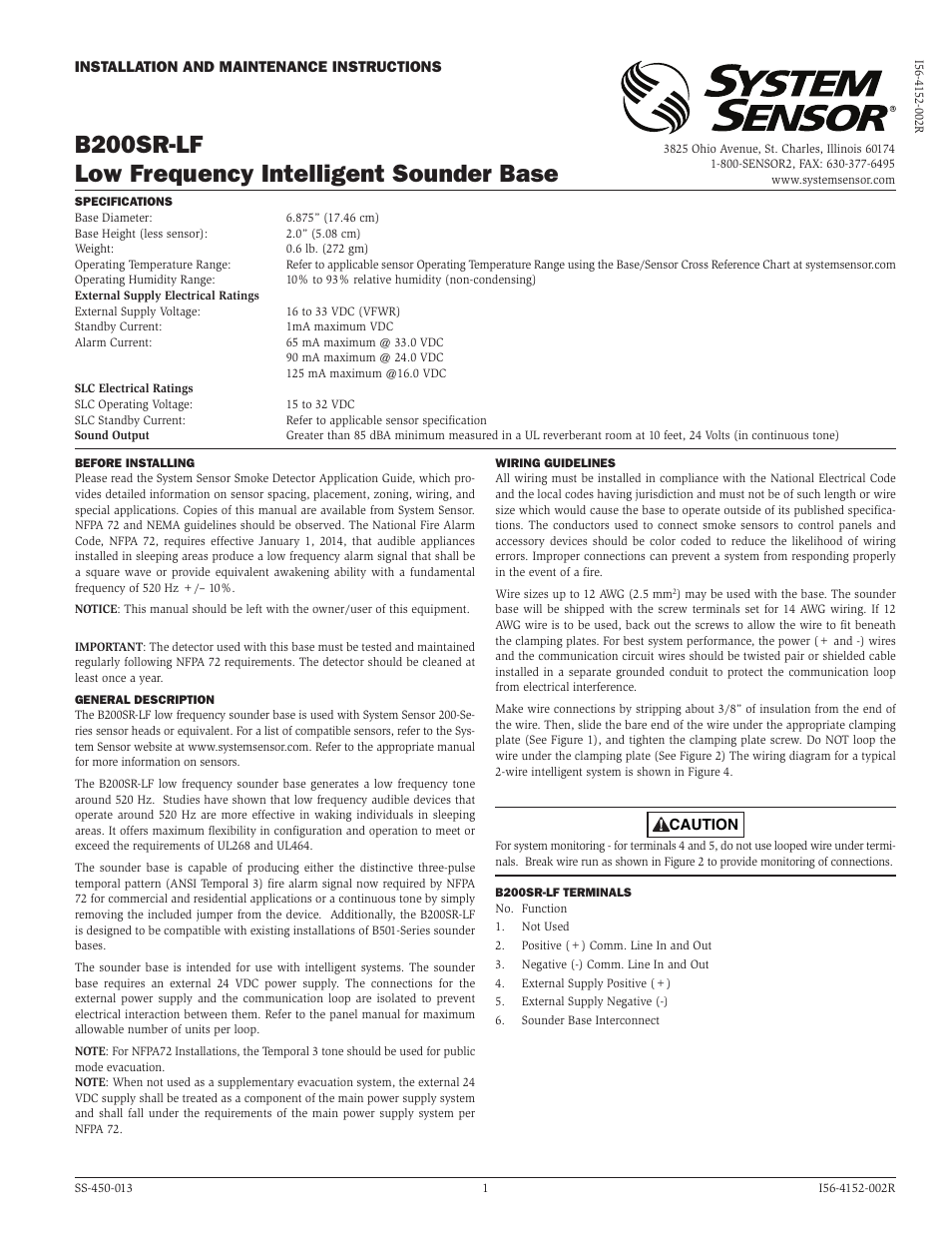 SilentKnight B200SR-LF Low Frequency Intelligent Sounder Base User Manual | 4 pages