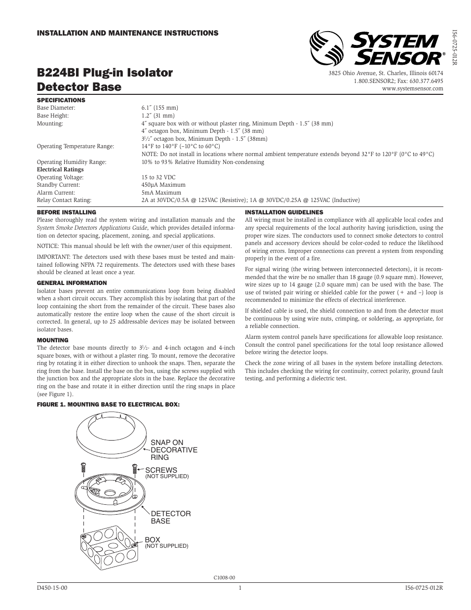 SilentKnight B224BI 6 Mounting Base w/Built-in Isolator User Manual | 2 pages
