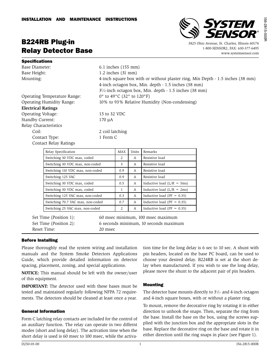 SilentKnight B224RB 6 Mounting Base w/Built-in Relay User Manual | 4 pages