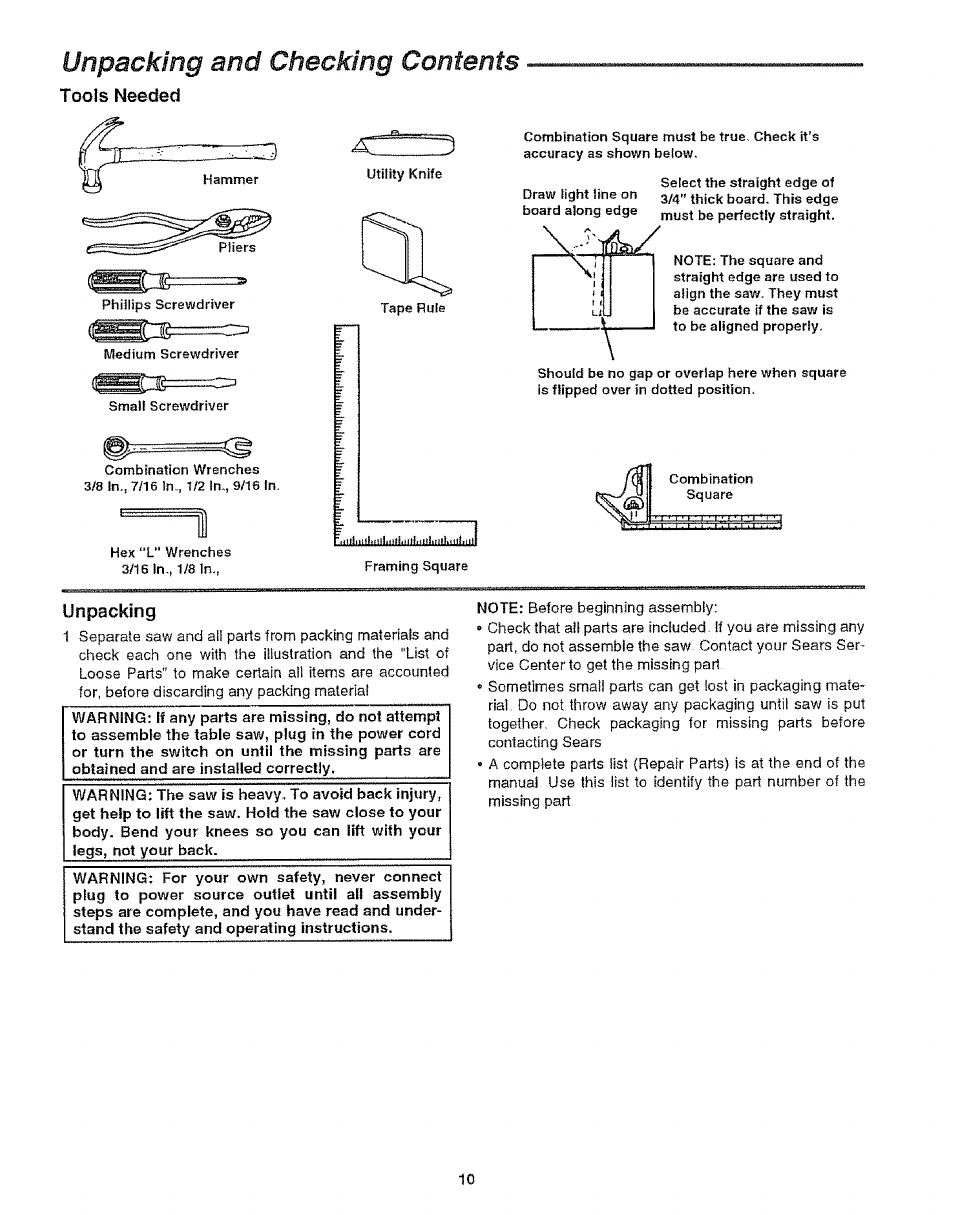 Unpacking and checking contents, Tools needed, Unpacking | U npacking and c hecking c ontents, Toois n eeded, U npacking | Craftsman 113.299210 User Manual | Page 10 / 56