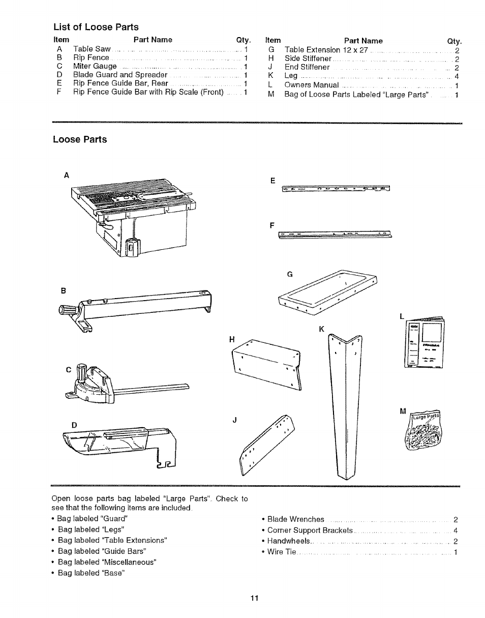 List of loose parts, Loose parts, List of loose p arts | Loose p arts | Craftsman 113.299210 User Manual | Page 11 / 56