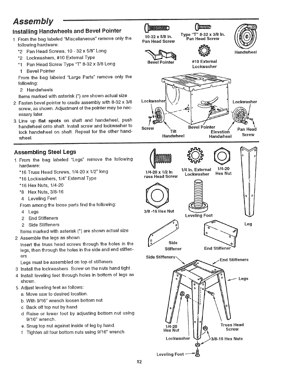 Installing handwheels and bevel pointer, Assembling steel legs, Installing h andwheels and bevel p ointer | Assem bling steel legs, Assembly | Craftsman 113.299210 User Manual | Page 12 / 56