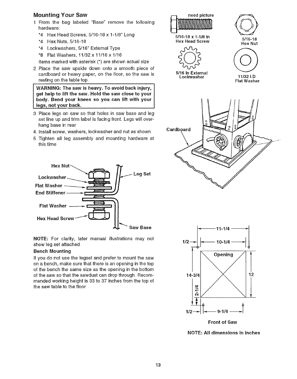 Mounting your saw, M ounting your saw | Craftsman 113.299210 User Manual | Page 13 / 56