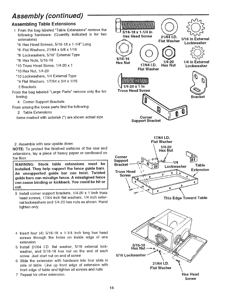 Assembling table extensions, Assem bling table e xtensions, Assembly (continued) | Bhhi | Craftsman 113.299210 User Manual | Page 14 / 56