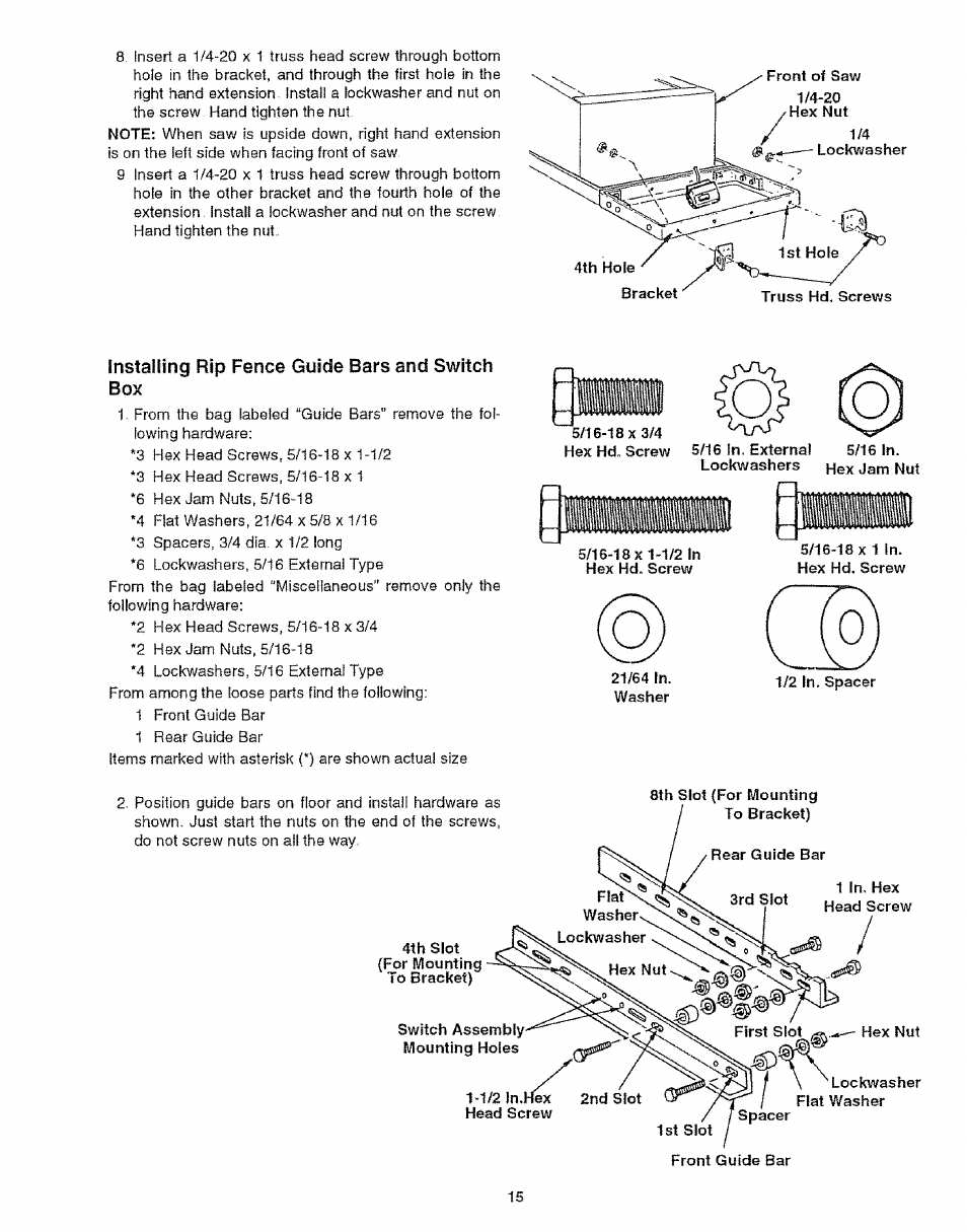 Installing rip fence guide bars and switch box | Craftsman 113.299210 User Manual | Page 15 / 56