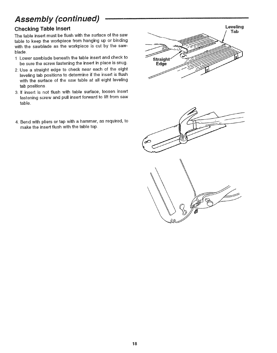 Ássembiy (continued), Checking table insert, C hecking table insert | Craftsman 113.299210 User Manual | Page 18 / 56