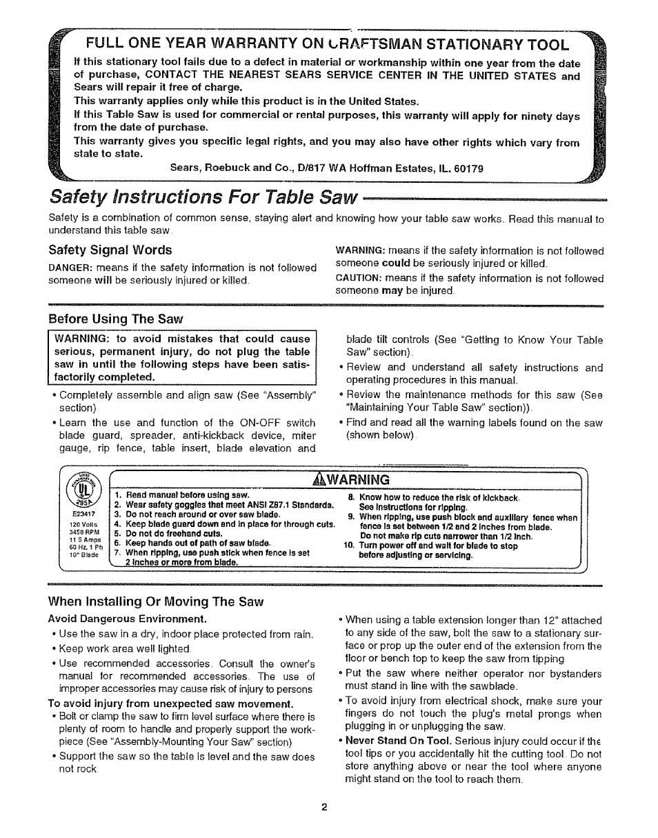 Safety instructions for table saw, Safety signal words, Before using the saw | When installing or moving the saw | Craftsman 113.299210 User Manual | Page 2 / 56