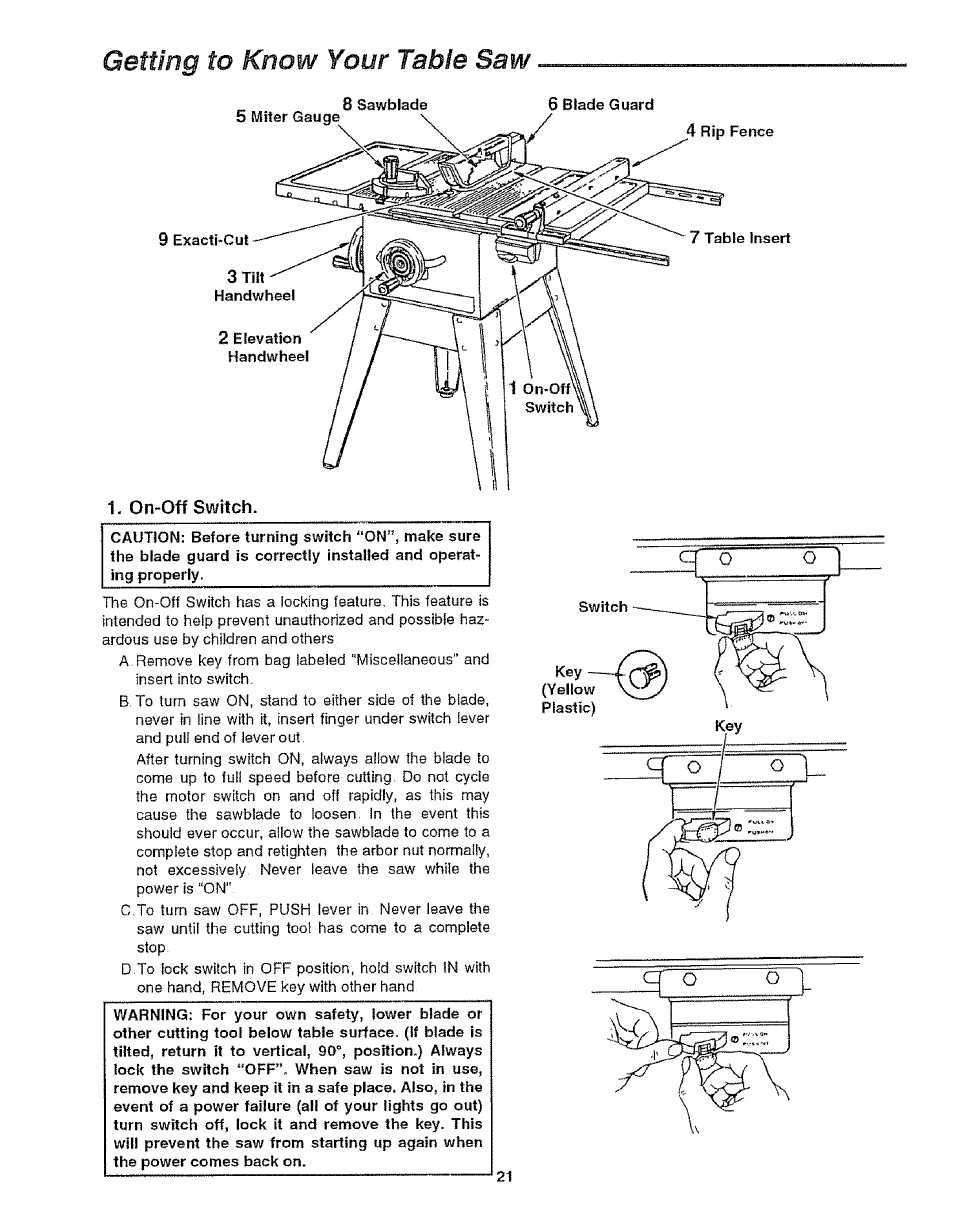 Getting to know your table saw, On-off switch, G etting to k now your table saw | Craftsman 113.299210 User Manual | Page 21 / 56