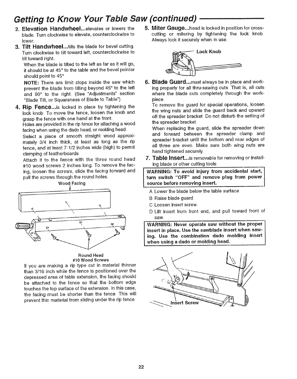 Getting to know your table saw (continued) | Craftsman 113.299210 User Manual | Page 22 / 56