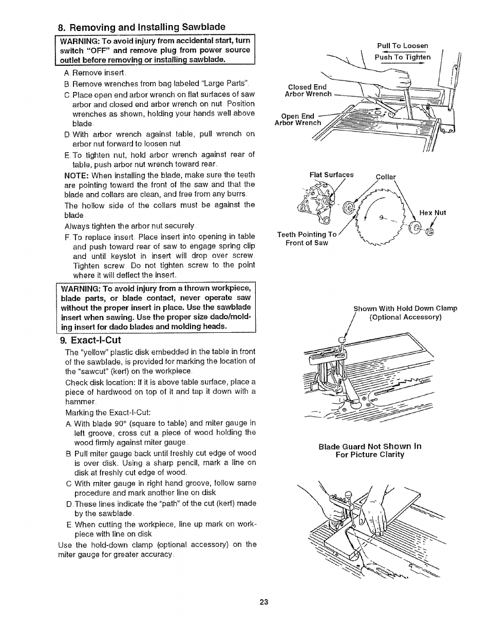 Removing and installing sawblade | Craftsman 113.299210 User Manual | Page 23 / 56