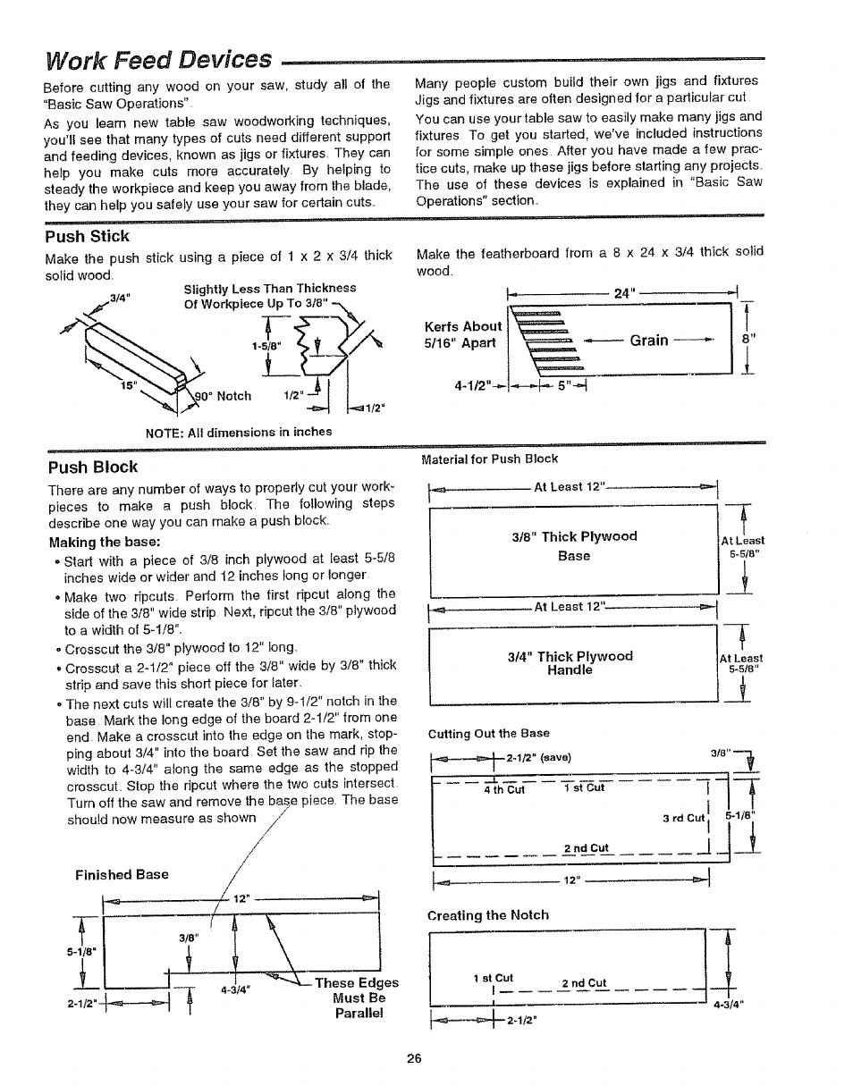 Work feed devices, Push stick, Push block | W ork feed devices | Craftsman 113.299210 User Manual | Page 26 / 56