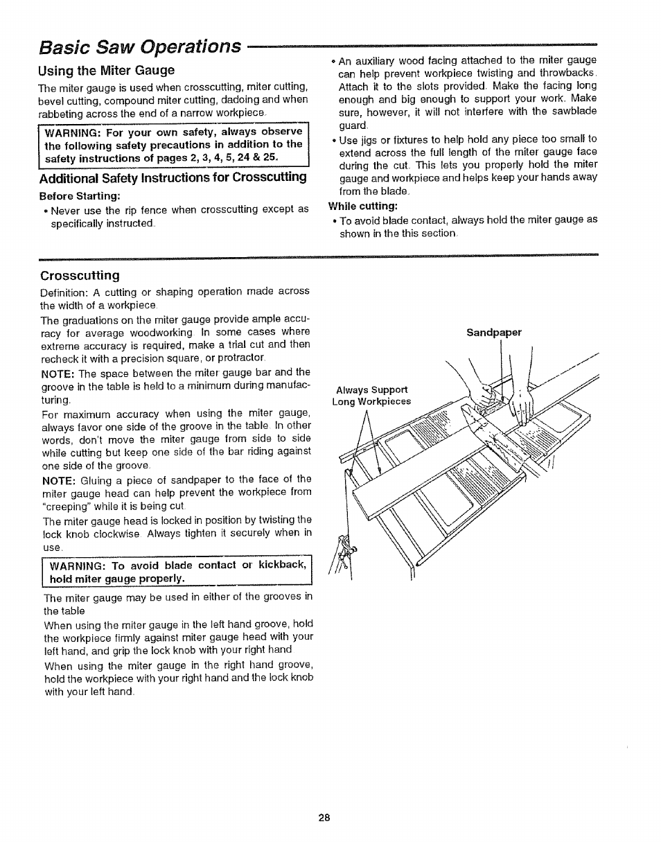 Basic saw operations, Using the miter gauge, Additional safety instructions for crosscutting | Crosscutting | Craftsman 113.299210 User Manual | Page 28 / 56