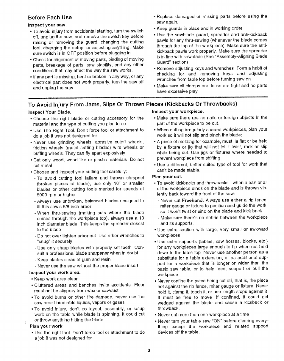 Before each use, To avoid injury from jams, slips or thrown, Pieces (kickbacks of throwbacks) | Craftsman 113.299210 User Manual | Page 3 / 56