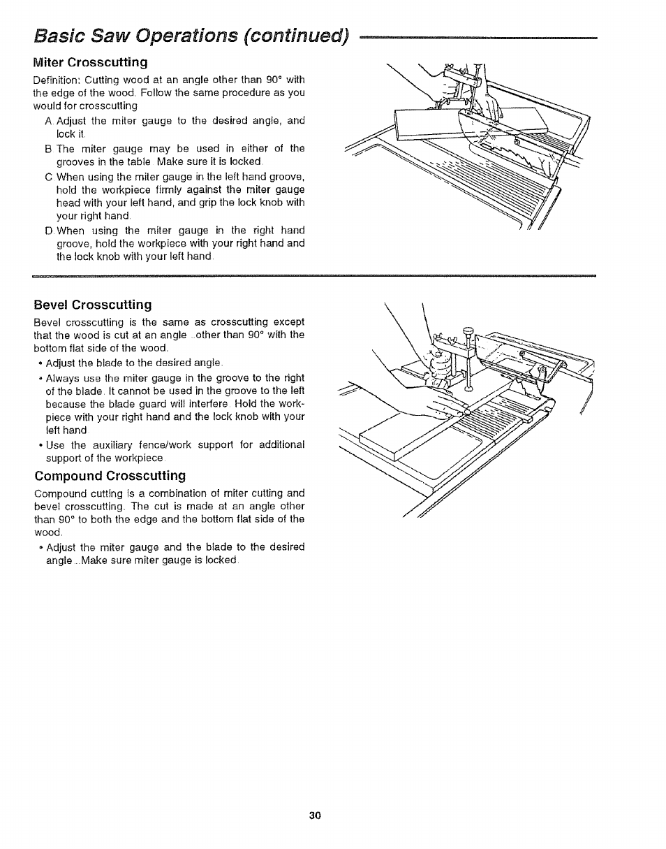 Miter crosscutting, Bevel crosscutting, Compound crosscutting | Basic saw operations (continued) | Craftsman 113.299210 User Manual | Page 30 / 56