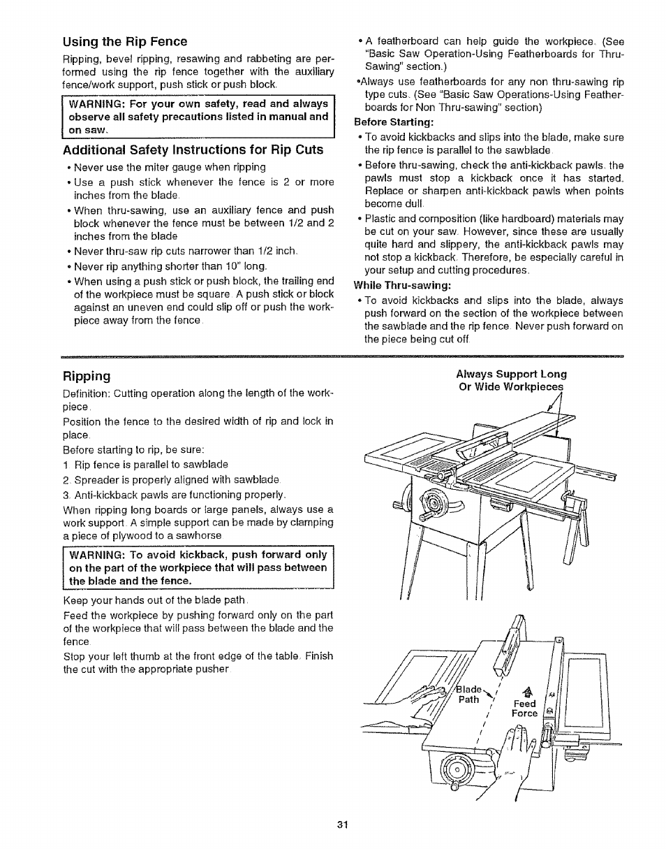 Using the rip fence, Additional safety instructions for rip cuts, Ripping | Craftsman 113.299210 User Manual | Page 31 / 56