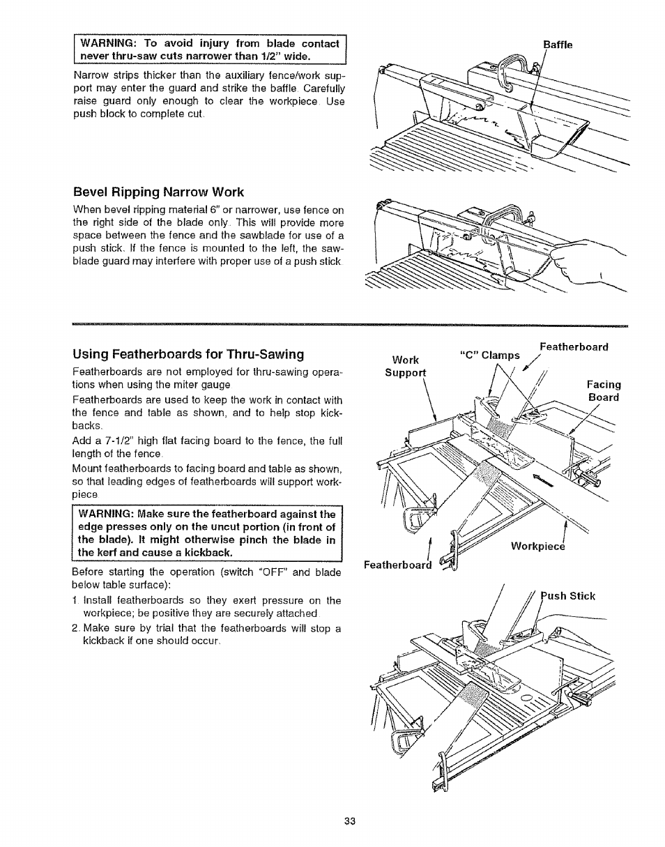 Bevel ripping narrow work, Using featherboards for thru-sawing | Craftsman 113.299210 User Manual | Page 33 / 56