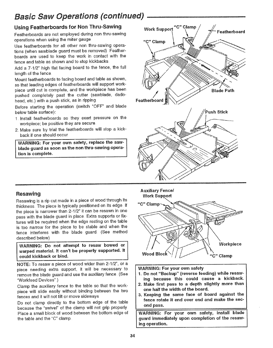 Using featherboards for non thru-sawing, Resawing, Basic saw operations (continued) | Craftsman 113.299210 User Manual | Page 34 / 56