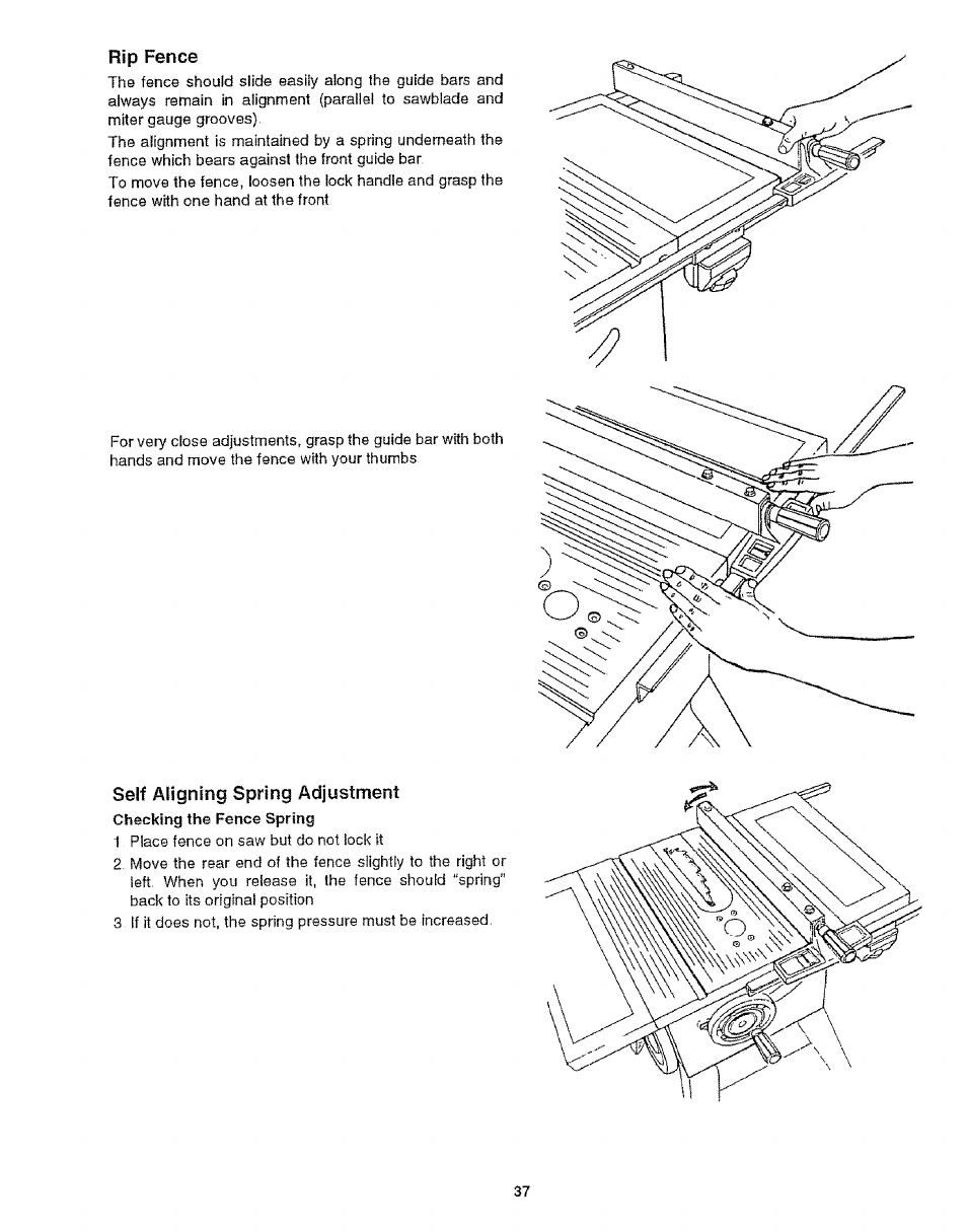 Rip fence, Self aligning spring adjustment, Checking the fence spring | Craftsman 113.299210 User Manual | Page 37 / 56