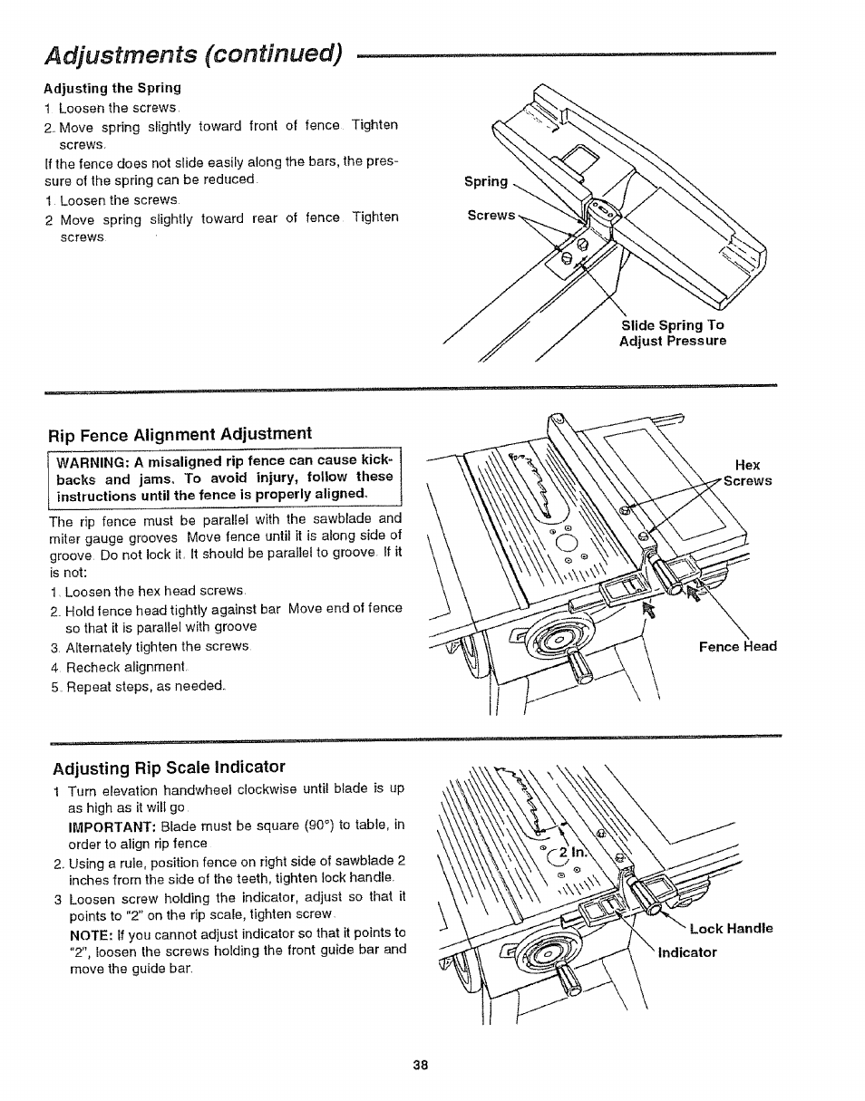 Rip fence alignment adjustment, Adjusting rip scale indicator, Adjustments (continued) | Craftsman 113.299210 User Manual | Page 38 / 56