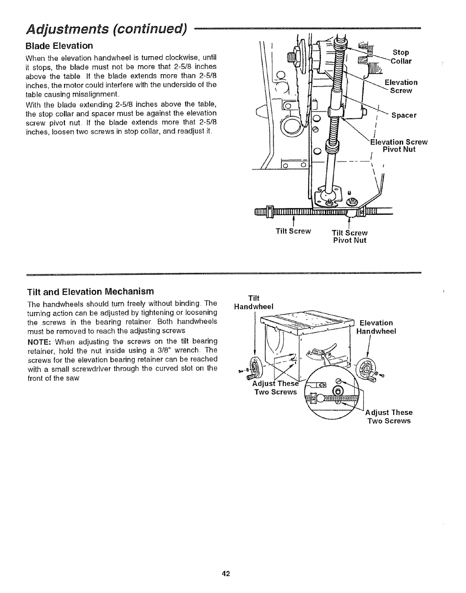 Blade elevation, Tilt and elevation mechanism, Adjustments (continued) | Handwheel | Craftsman 113.299210 User Manual | Page 42 / 56