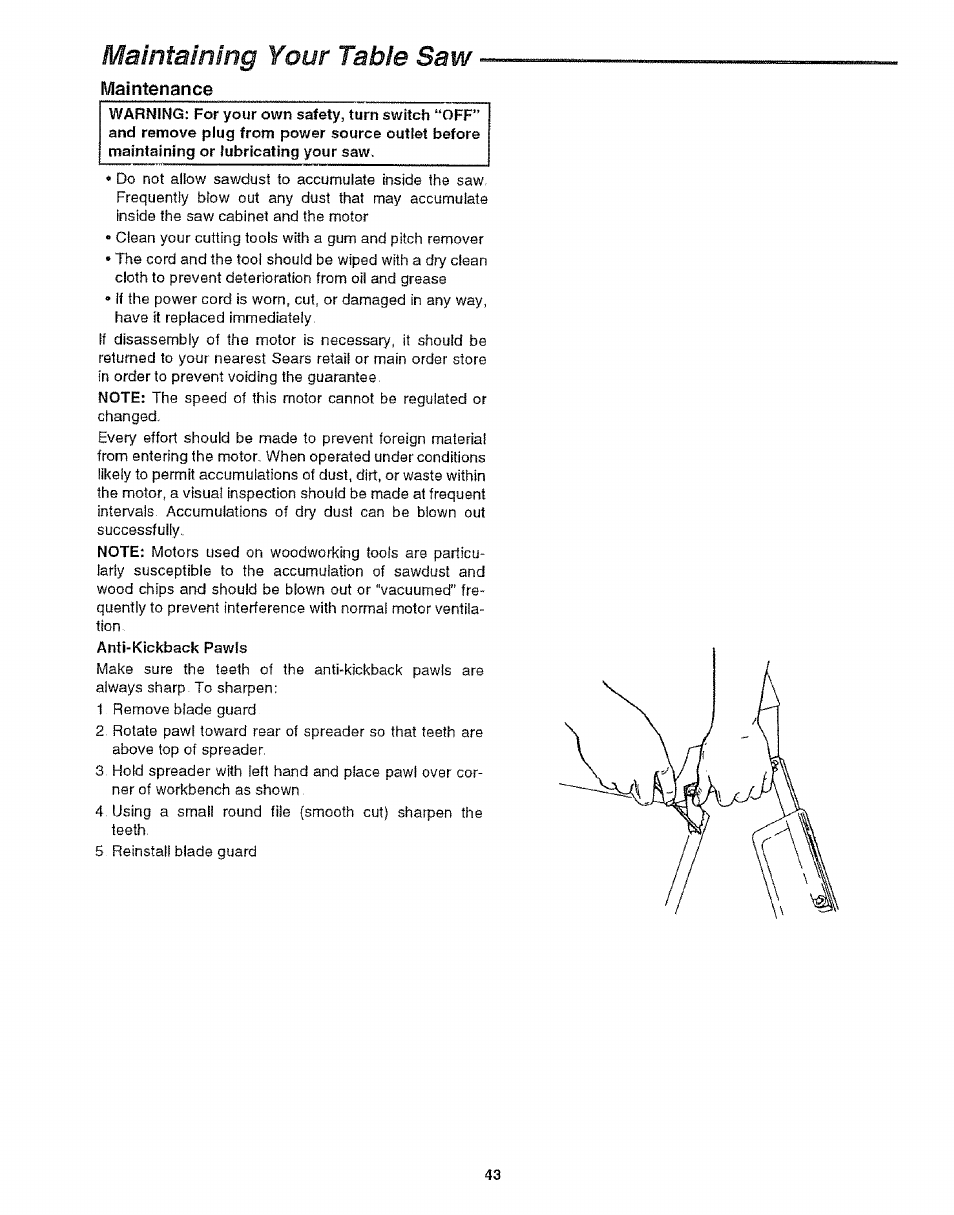 Maintaining your tabie saw, Maintenance, Anti-kickback pawls | Craftsman 113.299210 User Manual | Page 43 / 56