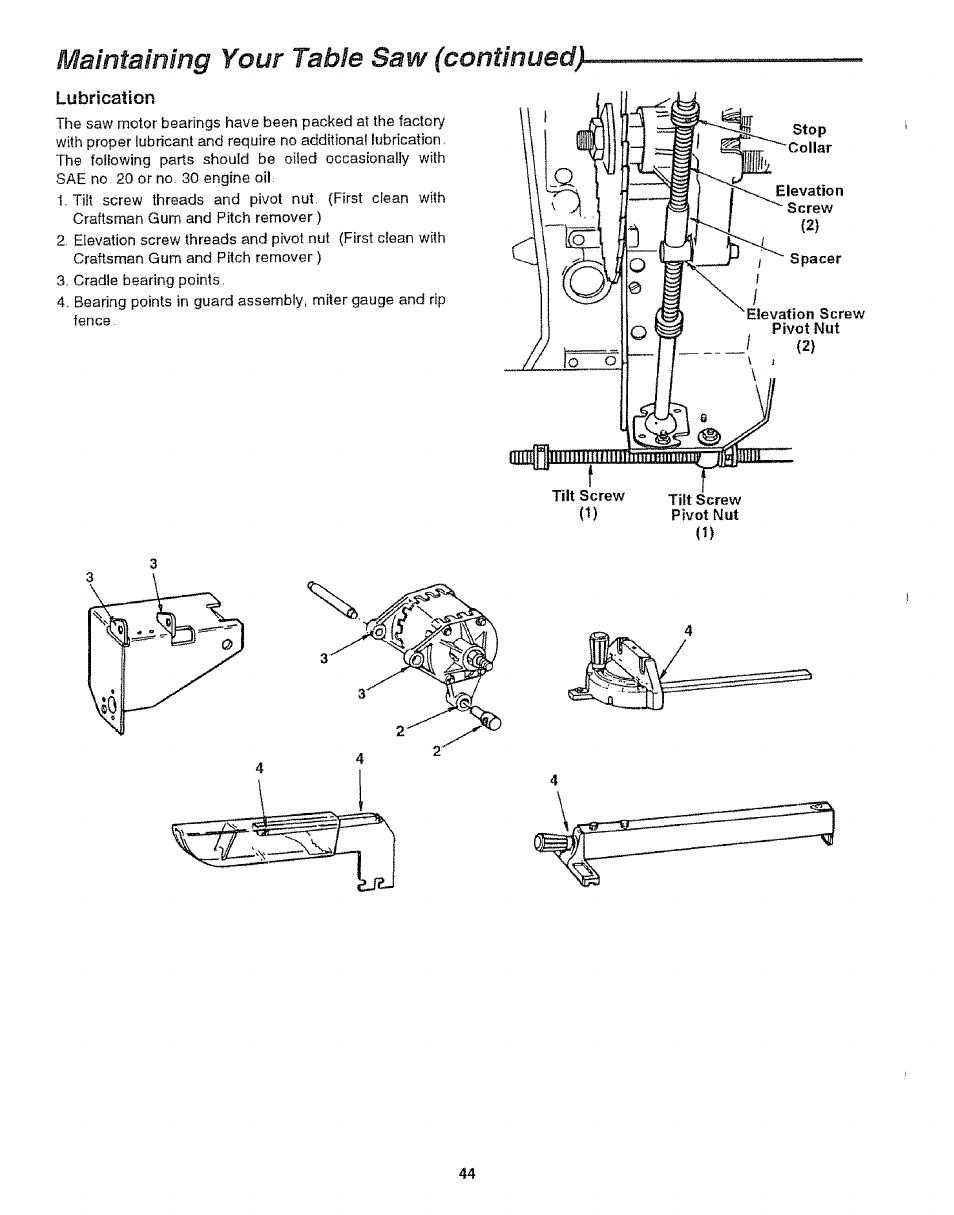 Airitainsng your table saw (continued), Lubrication | Craftsman 113.299210 User Manual | Page 44 / 56