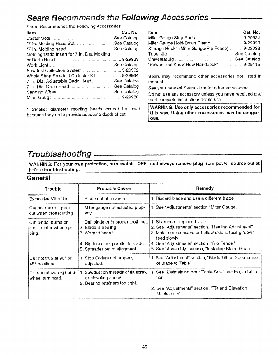 Sears recommends the following accessories, Troubleshooting, General | Item cat. no, Item, Cat. no, Q.'iomr | Craftsman 113.299210 User Manual | Page 45 / 56