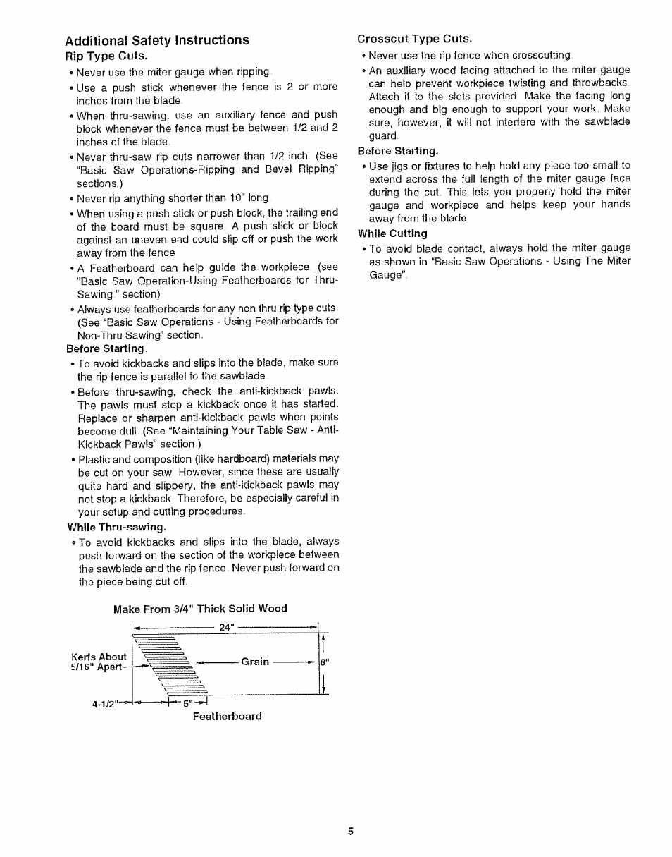 Additional safety instructions, Rip type cuts, Before starting | While thru-sawing, Crosscut type cuts, While cutting, Make from 3/4“ thick solid wood | Craftsman 113.299210 User Manual | Page 5 / 56