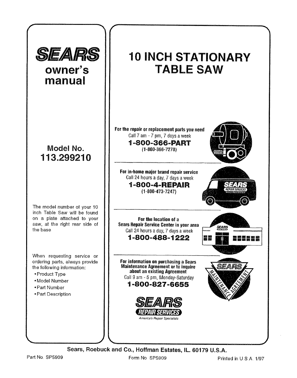 Modef no, Seams, 10 inch stationary table saw | Owner’s manual, I “soo-^-repair | Craftsman 113.299210 User Manual | Page 56 / 56