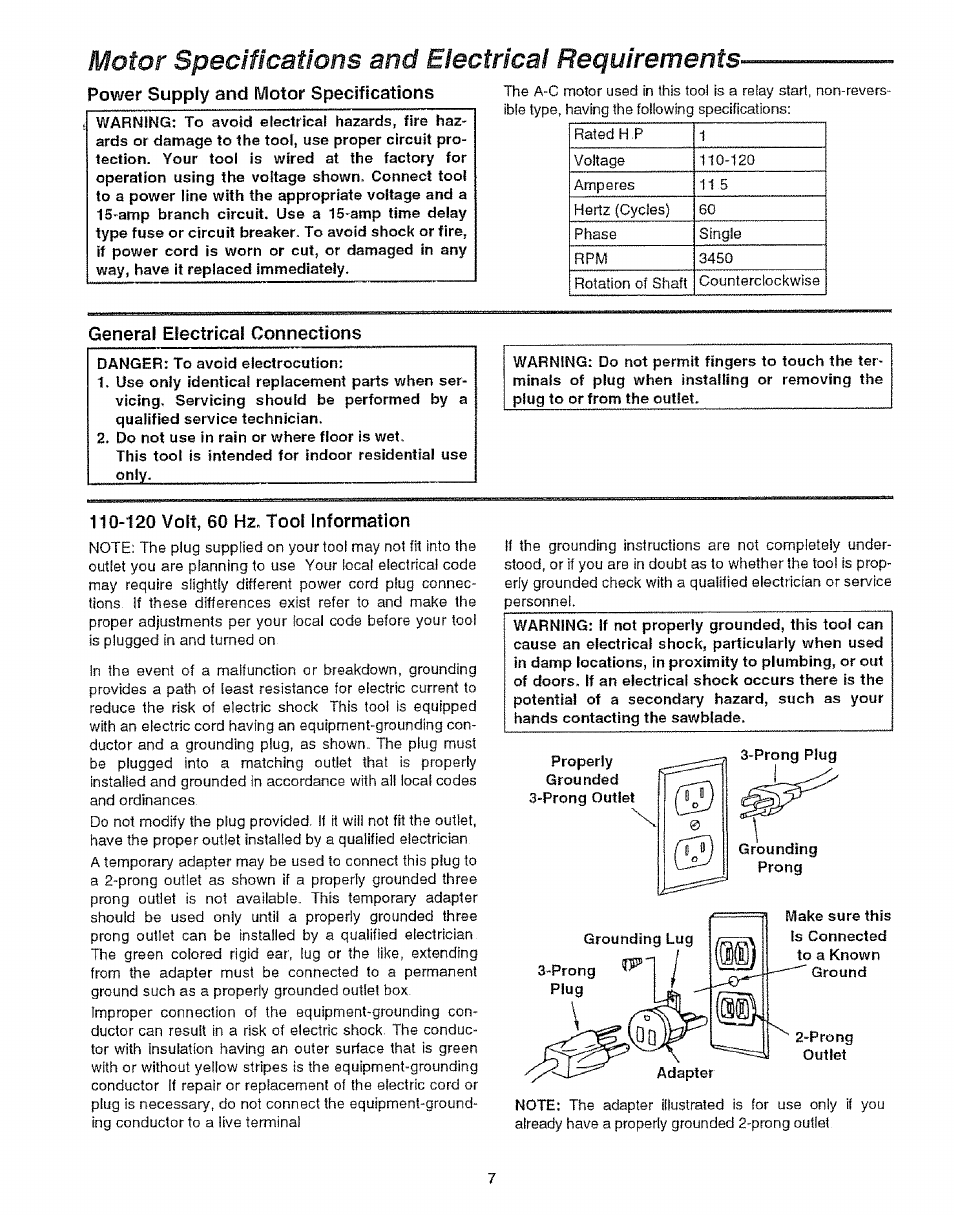 Motor specifications and electrical requirements, Power supply and motor specifications, General electrical connections | 120 volt, 60 hz. tool information, Outlet adapter | Craftsman 113.299210 User Manual | Page 7 / 56