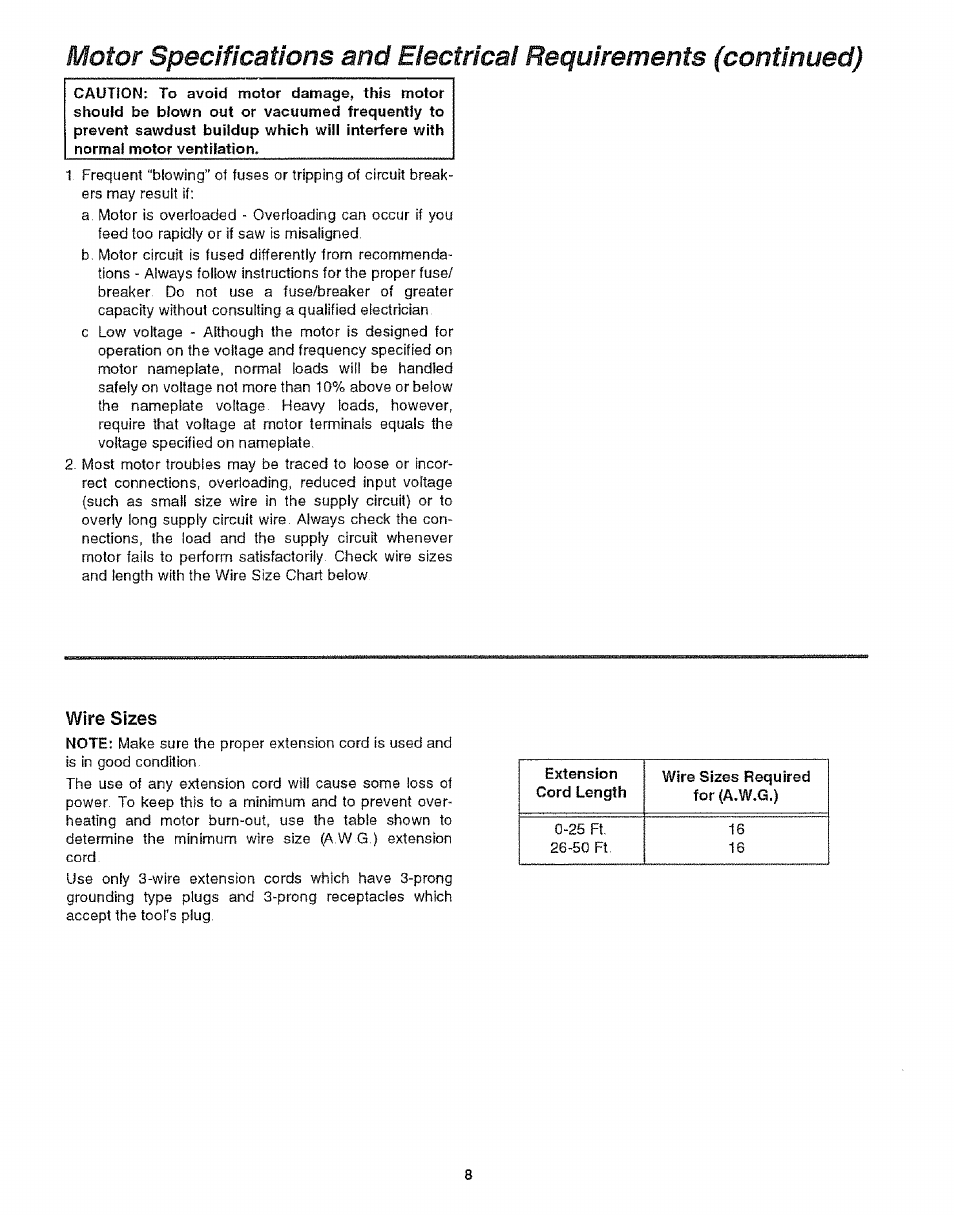 Wire sizes | Craftsman 113.299210 User Manual | Page 8 / 56