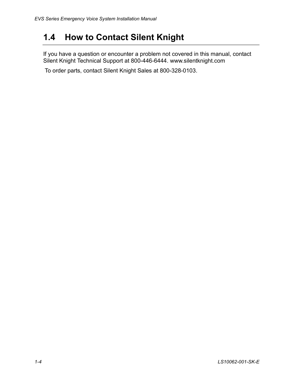 4 how to contact silent knight, How to contact silent knight -4 | SilentKnight EVS User Manual | Page 10 / 74