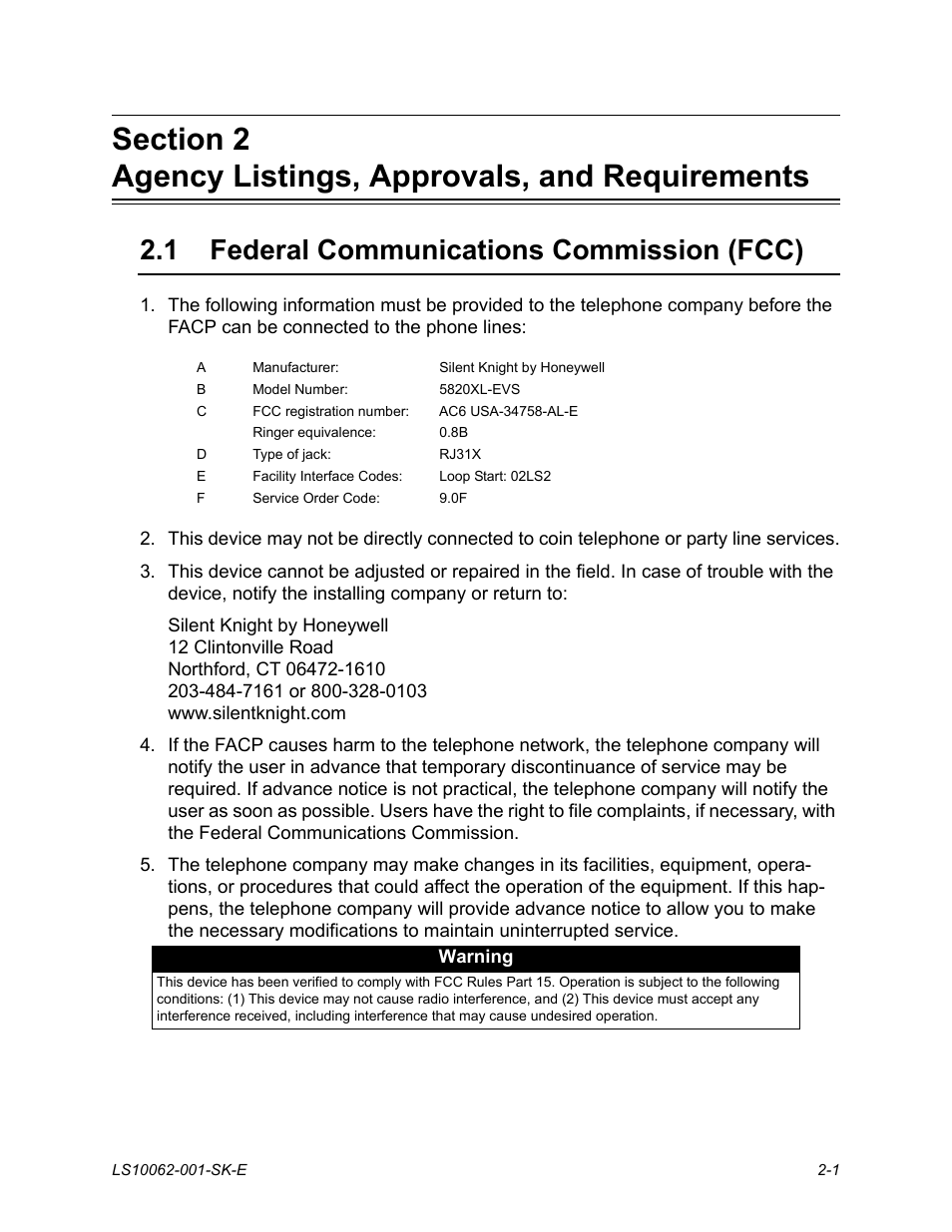 1 federal communications commission (fcc), Federal communications commission (fcc) -1 | SilentKnight EVS User Manual | Page 15 / 74