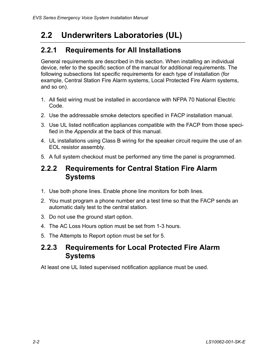 2 underwriters laboratories (ul), 1 requirements for all installations, Underwriters laboratories (ul) -2 | SilentKnight EVS User Manual | Page 16 / 74