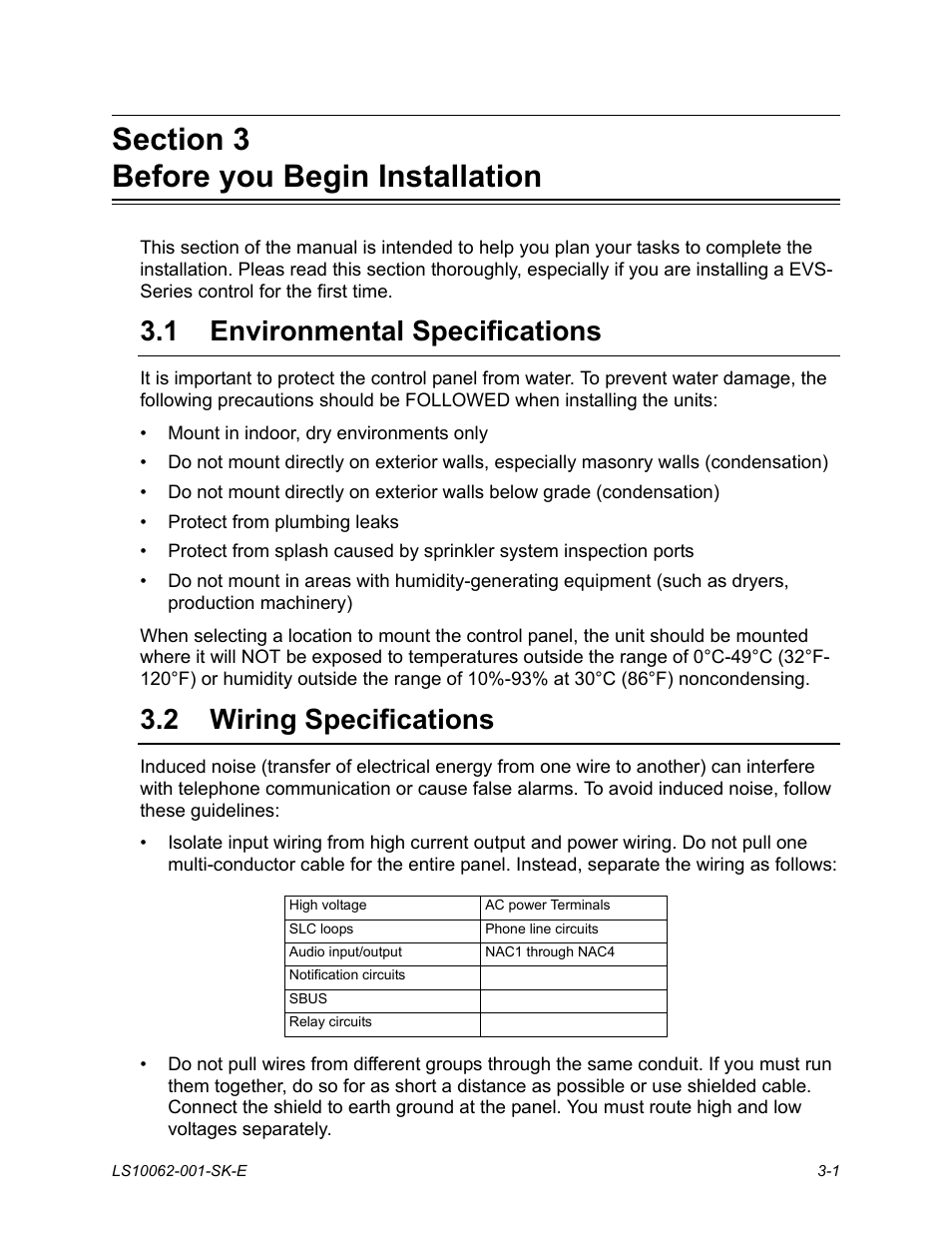 Section 3 before you begin installation, 1 environmental specifications, 2 wiring specifications | Environmental specifications -1, Wiring specifications -1 | SilentKnight EVS User Manual | Page 19 / 74